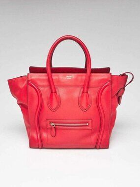 Celine Red Drummed Calfskin Leather Mini Luggage Tote Bag